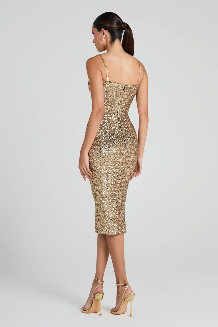 Gold sequin midi dress with sweetheart neckline and chain straps — Nadine Merabi | Endless UAE