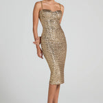 Gold sequin midi dress with sweetheart neckline and chain straps — Nadine Merabi | Endless UAE