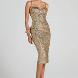 Gold sequin midi dress with sweetheart neckline and chain straps — Nadine Merabi | Endless UAE