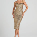 Gold sequin midi dress with sweetheart neckline and chain straps — Nadine Merabi | Endless UAE