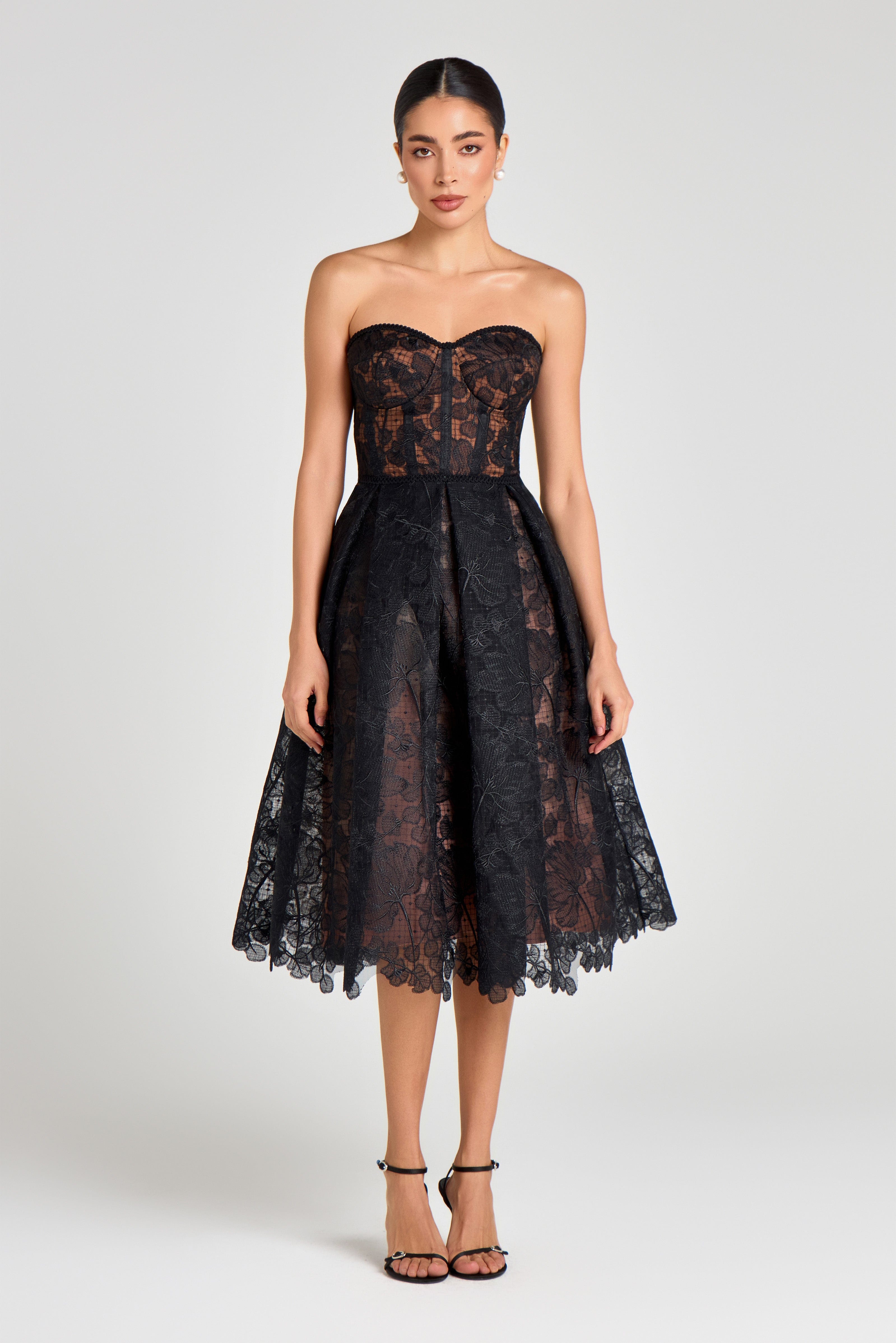 Black strapless lace midi dress with sweetheart neckline — Nadine Merabi | Endless UAE