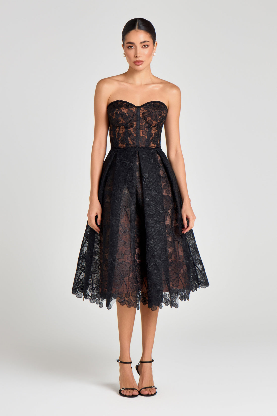 Black strapless lace midi dress with sweetheart neckline — Nadine Merabi | Endless UAE