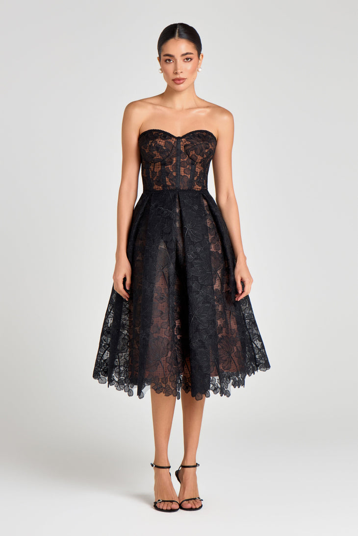 Black strapless lace midi dress with sweetheart neckline — Nadine Merabi | Endless UAE
