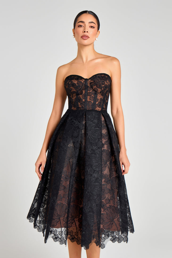 Black strapless lace midi dress with sweetheart neckline — Nadine Merabi | Endless UAE