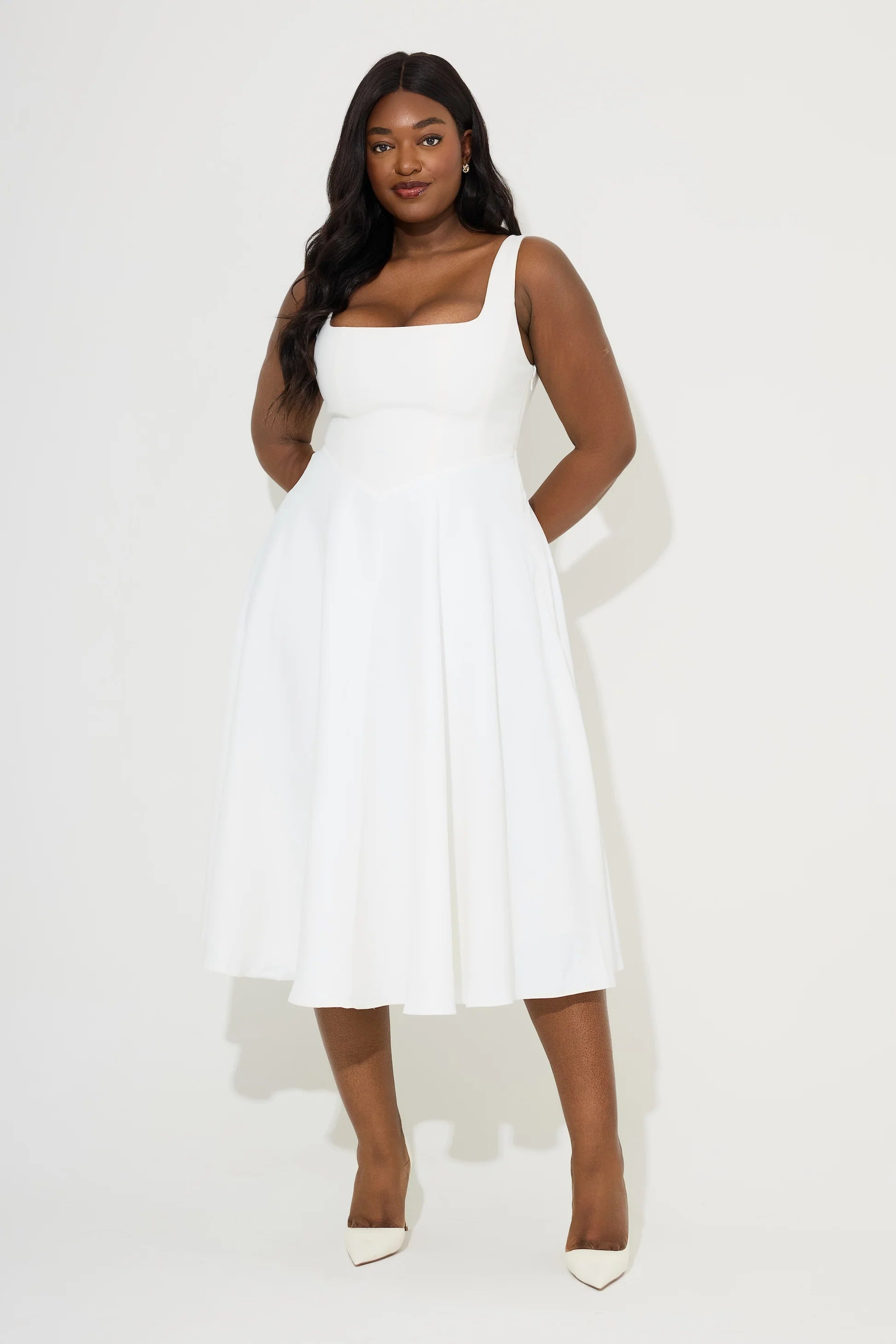 Woman wearing white square neck midi dress with pockets and strappy sandals — Odd Muse | Endless UAE