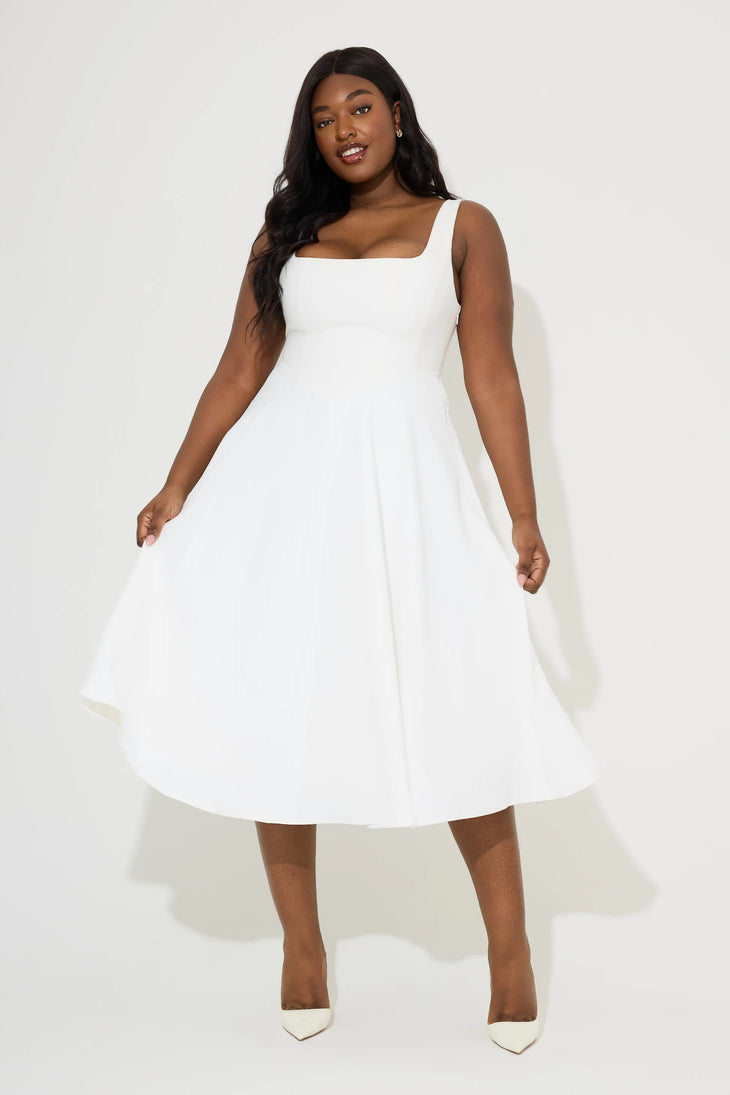 Woman wearing white square neck midi dress with pockets and strappy sandals — Odd Muse | Endless UAE