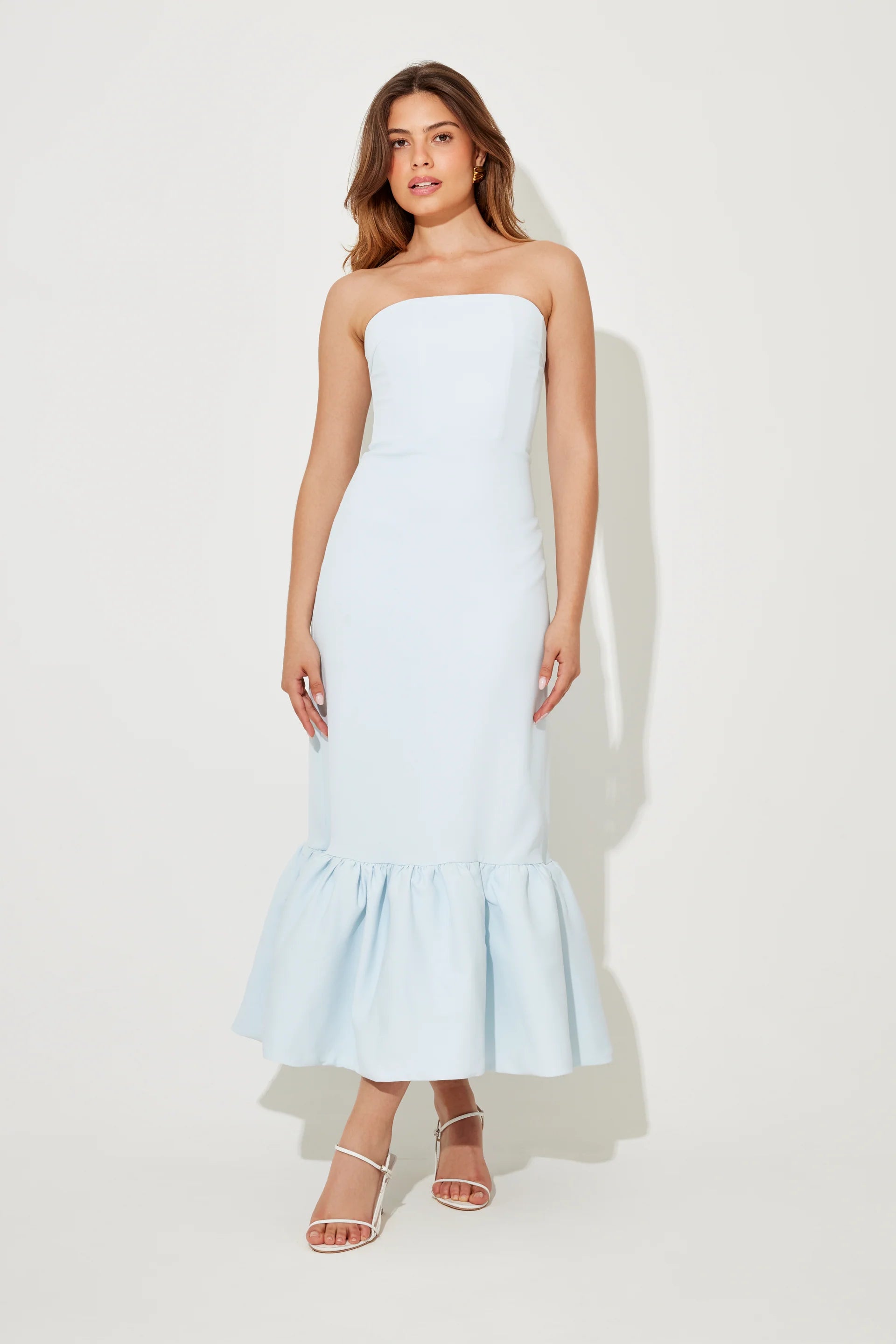 Light blue strapless peplum midi dress with ruched hem detail — Odd Muse | Endless UAE
