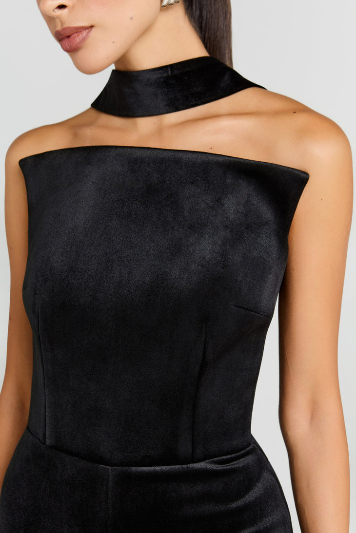 Black velvet jumpsuit with high neck choker detail and sleeveless bodice — Nadine Merabi | Endless UAE