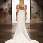 Minimalist ivory crepe mermaid wedding dress with square neckline and cathedral train, back view — You&I Bridal | Endless UAE