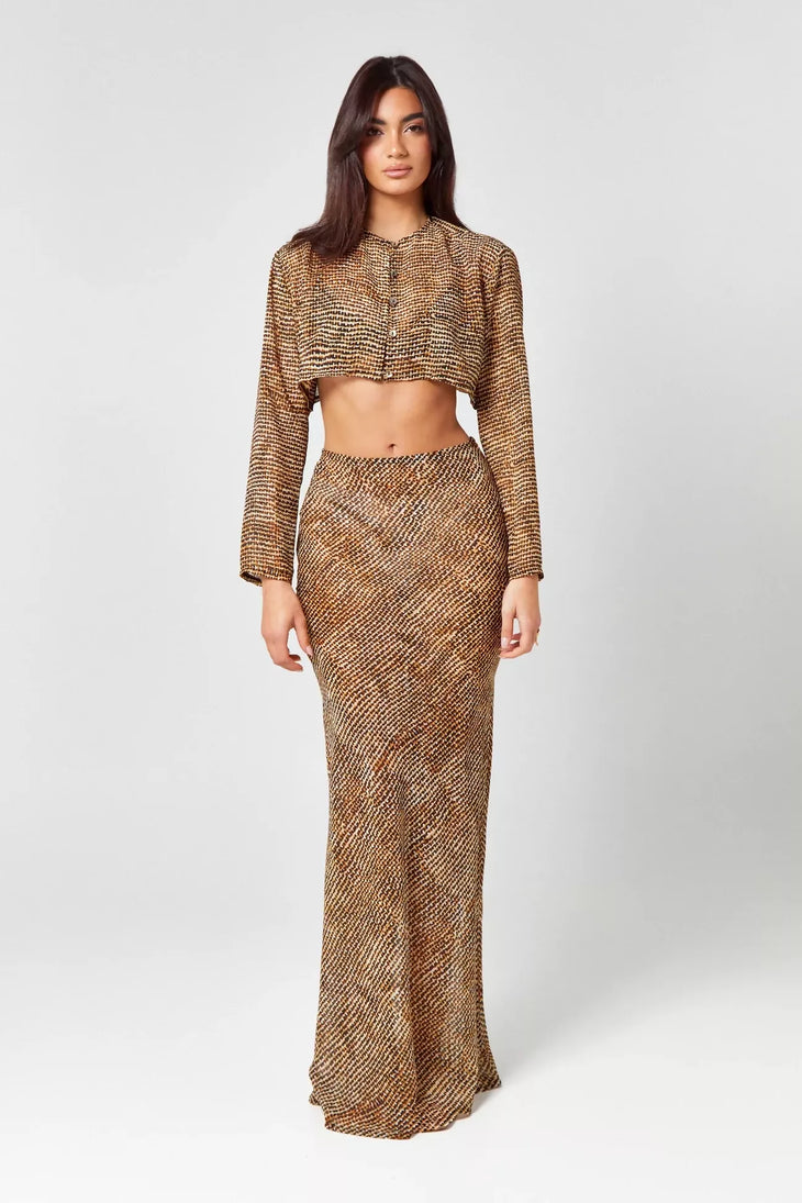 Gold textured crop top and skirt set with button front closure — Endless | Endless UAE