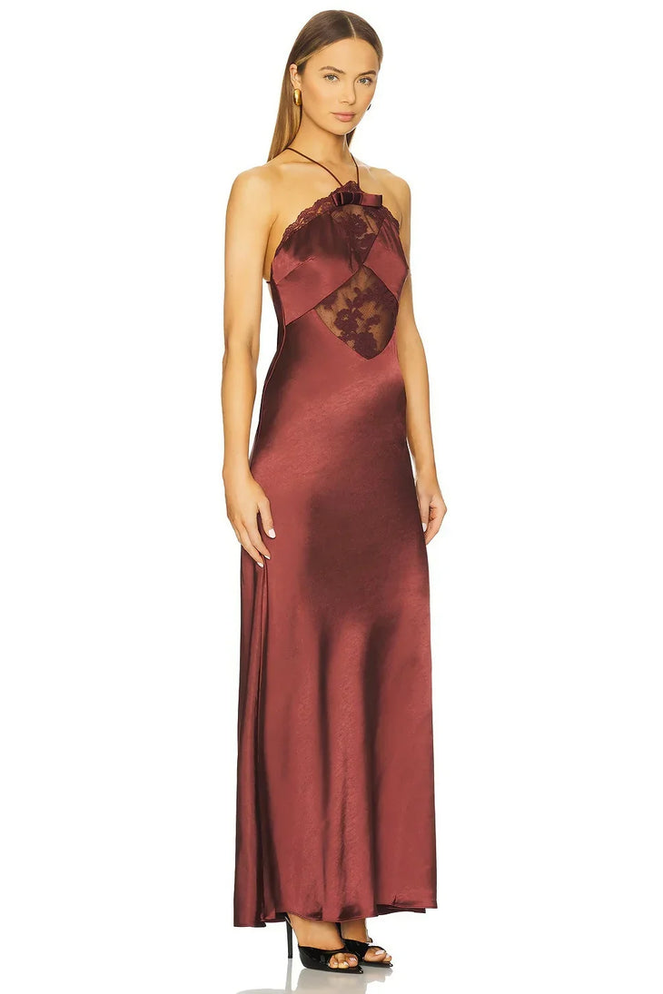 Burgundy satin halter maxi dress with lace cutout detail — Self-Portrait | Endless UAE