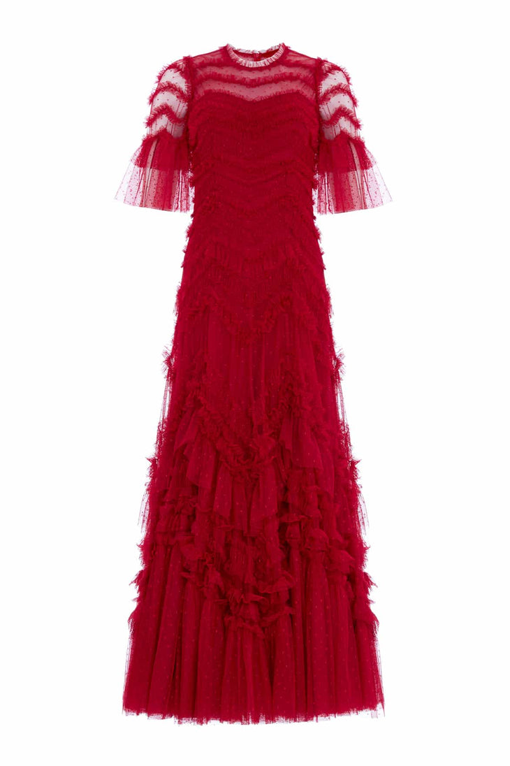 Elegant red tulle gown with sheer bell sleeves, textured floral appliqués, and flowing floor-length skirt — Needle & Thread | Endless UAE