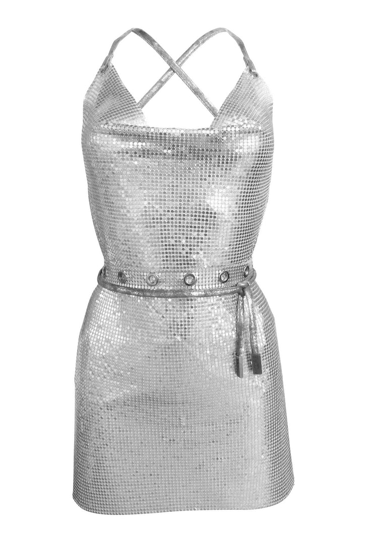 Elysia Dress in silver sequin with cowl neckline and belt detail — Isabel Moore | Endless UAE