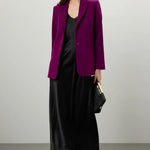 Woman wearing purple single breasted blazer over black slip dress with black accessories — Endless Rose | Endless UAE