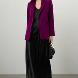 Woman wearing purple single breasted blazer over black slip dress with black accessories — Endless Rose | Endless UAE