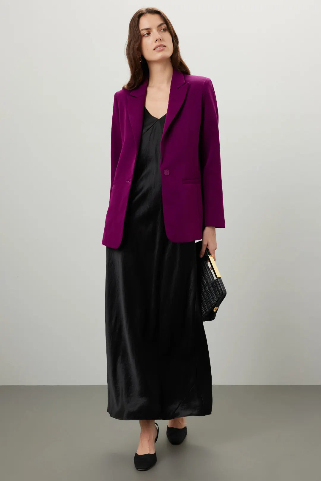 Woman wearing purple single breasted blazer over black slip dress with black accessories — Endless Rose | Endless UAE