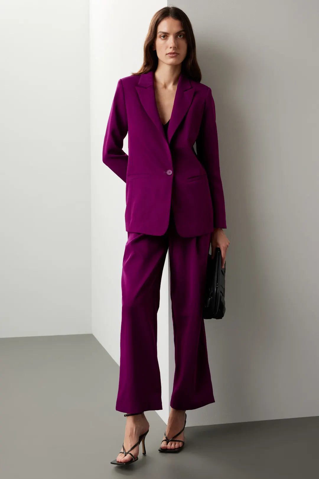 Purple single breasted blazer with notched lapels and one button closure, part of a matching suit set — Endless Rose | Endless UAE