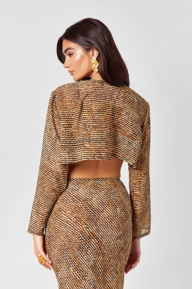 Gold textured crop top and skirt set with button front closure — Endless | Endless UAE