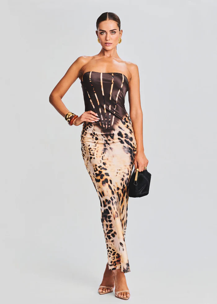 Shayna Silk Dress in black and leopard print strapless design — Retrofete | Endless UAE