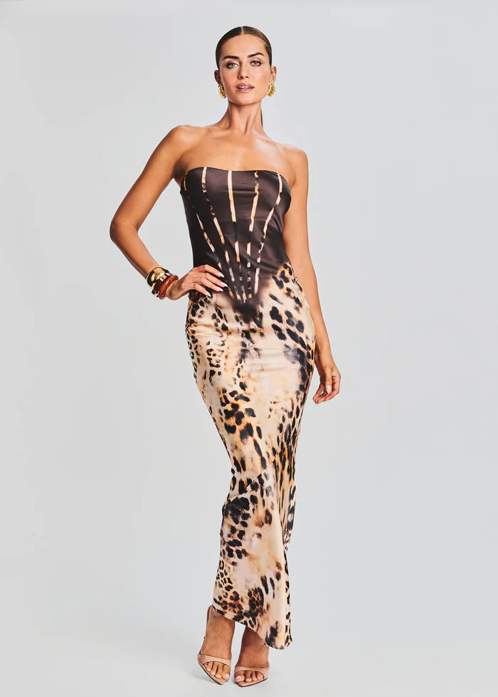 Shayna Silk Dress in black and leopard print strapless design — Retrofete | Endless UAE