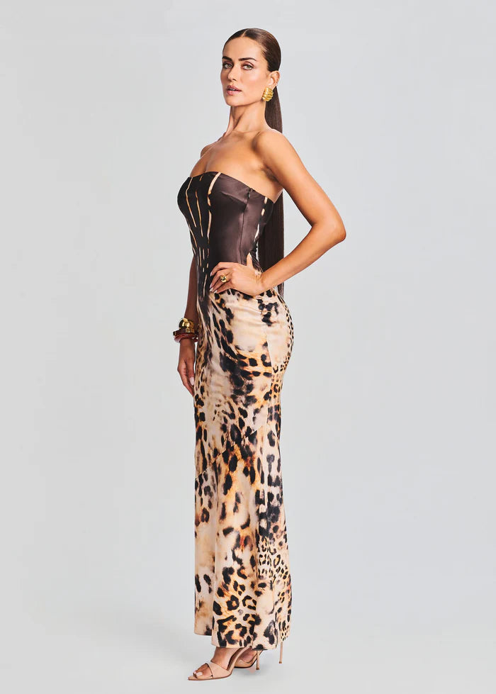 Shayna Silk Dress in black and leopard print strapless design — Retrofete | Endless UAE