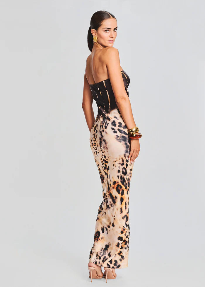 Shayna Silk Dress in black and leopard print strapless design — Retrofete | Endless UAE