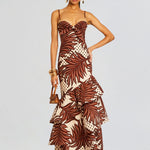 Starla Dress in brown and cream geometric print with tiered ruffled skirt — Retrofête | Endless UAE