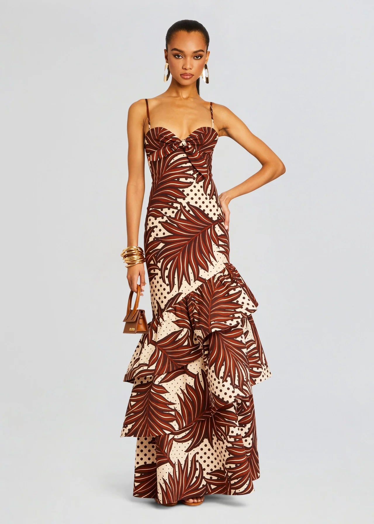 Starla Dress in brown and cream geometric print with tiered ruffled skirt — Retrofête | Endless UAE
