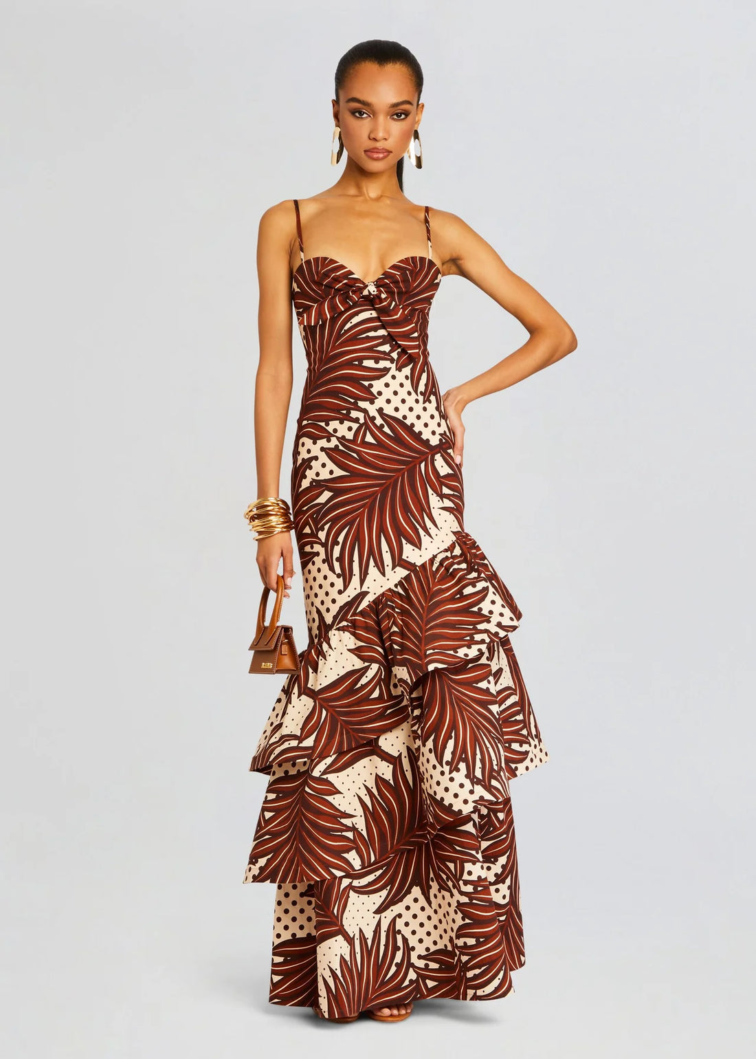 Starla Dress in brown and cream geometric print with tiered ruffled skirt — Retrofête | Endless UAE