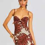 Starla Dress in brown and cream geometric print with tiered ruffled skirt — Retrofête | Endless UAE