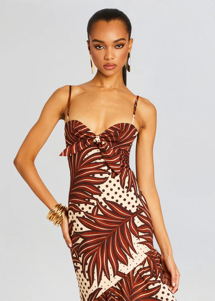 Starla Dress in brown and cream geometric print with tiered ruffled skirt — Retrofête | Endless UAE
