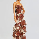 Starla Dress in brown and cream geometric print with tiered ruffled skirt — Retrofête | Endless UAE