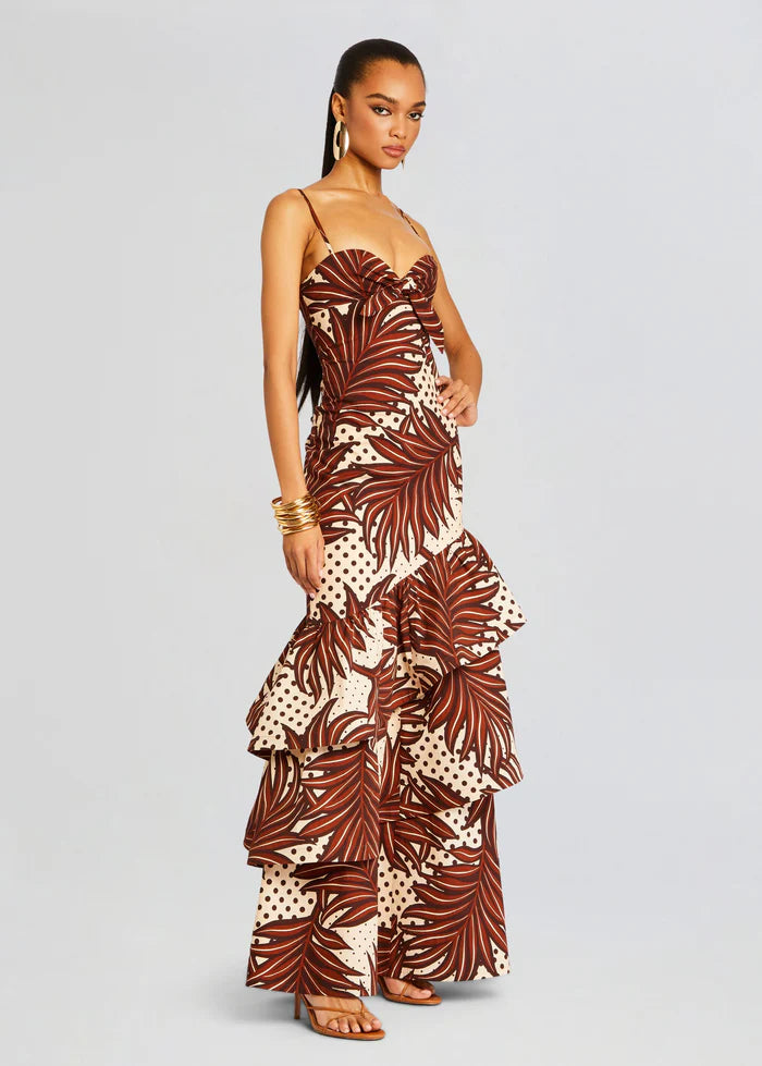 Starla Dress in brown and cream geometric print with tiered ruffled skirt — Retrofête | Endless UAE