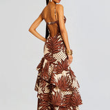 Starla Dress in brown and cream geometric print with tiered ruffled skirt — Retrofête | Endless UAE