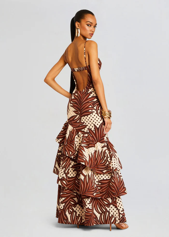 Starla Dress in brown and cream geometric print with tiered ruffled skirt — Retrofête | Endless UAE