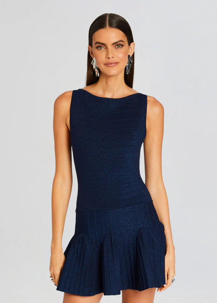 Navy blue sleeveless knit mini dress with ribbed bodice and pleated drop-waist skirt — Retrofete | Endless UAE