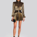 Gold metallic pleated mini dress with long sleeves and black belt — Retrofête | Endless UAE