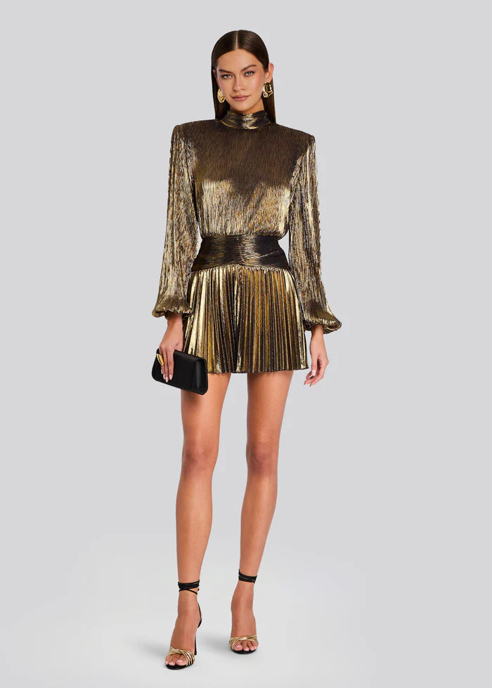 Gold metallic pleated mini dress with long sleeves and black belt — Retrofête | Endless UAE
