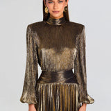 Gold metallic pleated mini dress with long sleeves and black belt — Retrofête | Endless UAE