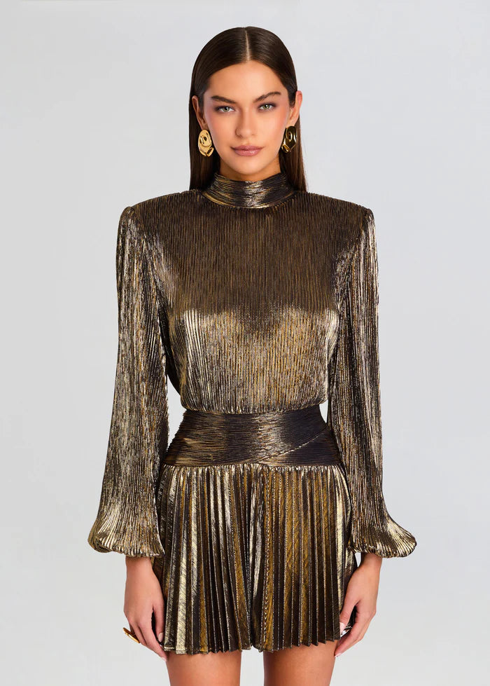 Gold metallic pleated mini dress with long sleeves and black belt — Retrofête | Endless UAE