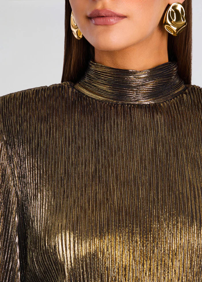 Gold metallic pleated mini dress with long sleeves and black belt — Retrofête | Endless UAE