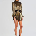 Gold metallic pleated mini dress with long sleeves and black belt — Retrofête | Endless UAE
