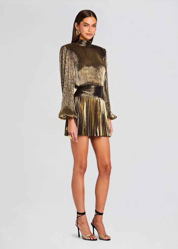 Gold metallic pleated mini dress with long sleeves and black belt — Retrofête | Endless UAE