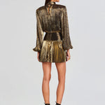 Gold metallic pleated mini dress with long sleeves and black belt — Retrofête | Endless UAE