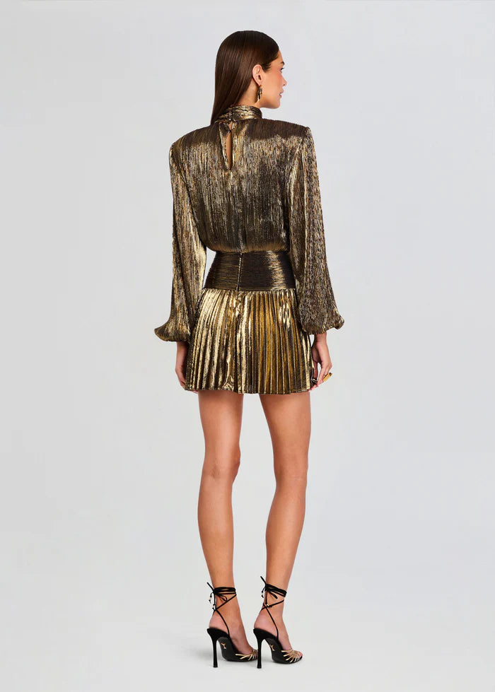 Gold metallic pleated mini dress with long sleeves and black belt — Retrofête | Endless UAE