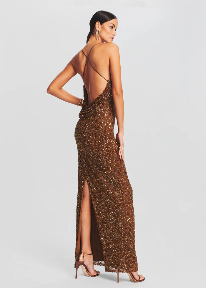 Gold sequin halter neck gown with open back and high slit — Retrofete | Endless UAE