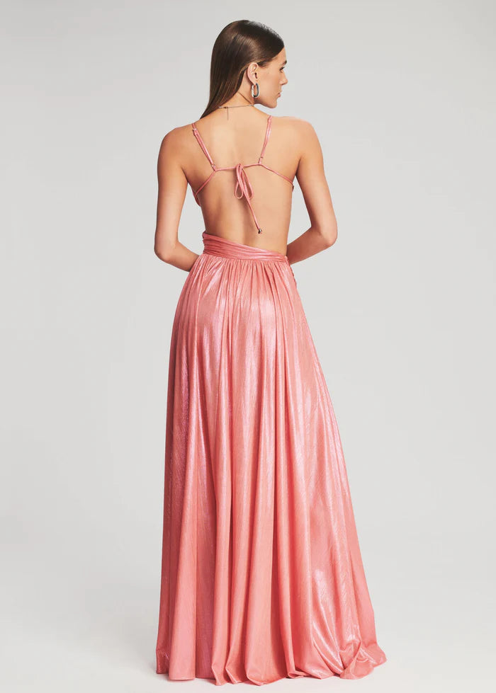 Pink metallic maxi dress with open back and tie straps, full-length flowing skirt — Retrofete | Endless UAE