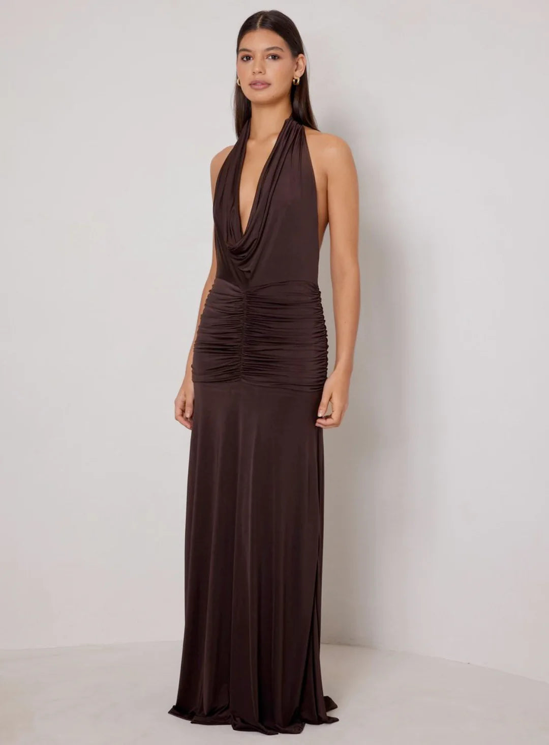 Amora Open-back Dress in chocolate brown with cowl neckline and ruched waist detail — Elle Zeitoune | Endless UAE