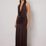 Amora Open-back Dress in chocolate brown with cowl neckline and ruched waist detail — Elle Zeitoune | Endless UAE