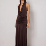 Amora Open-back Dress in chocolate brown with cowl neckline and ruched waist detail — Elle Zeitoune | Endless UAE